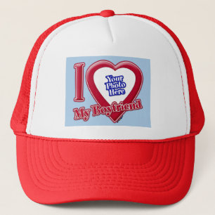 I Love My Boyfriend Photo Red Heart Light Blue Trucker Hat