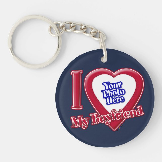 I Love My Boyfriend Photo Red Heart Navy Blue Key Ring (Front)