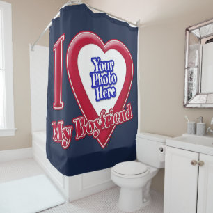 I Love My Boyfriend Photo Red Heart Navy Blue Shower Curtain