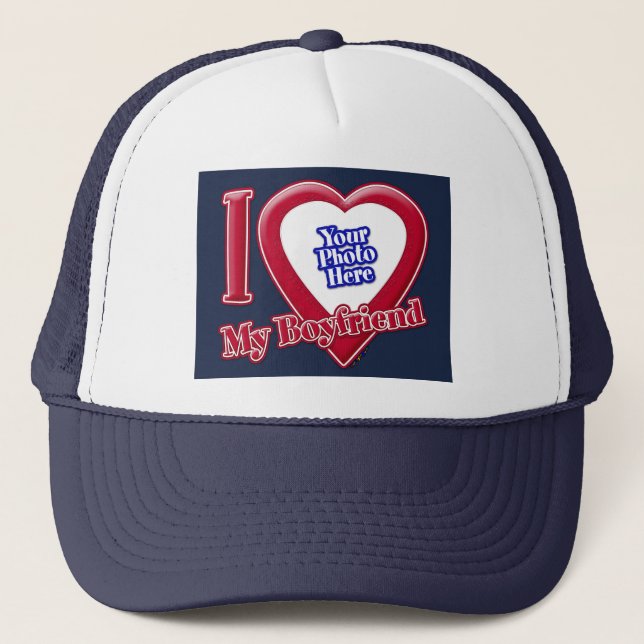 I Love My Boyfriend Photo Red Heart Navy Blue Trucker Hat (Front)