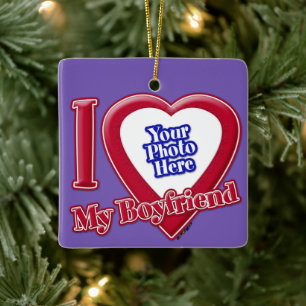 I Love My Boyfriend Photo Red Heart Purple Ceramic Ornament