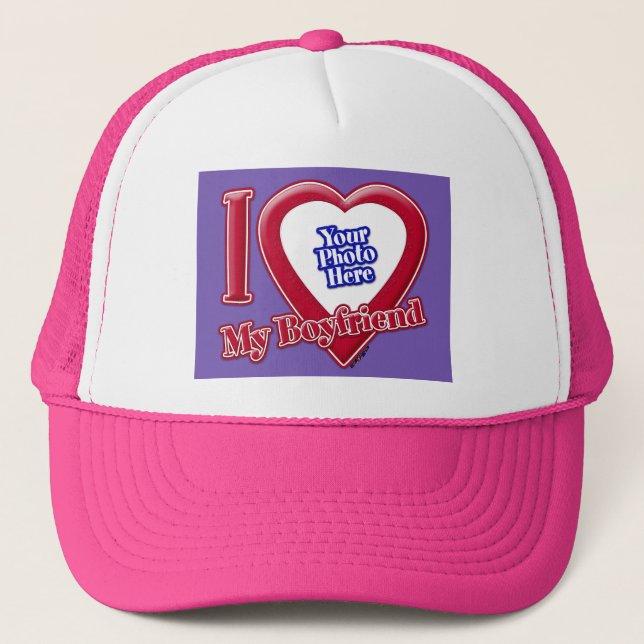 I Love My Boyfriend Photo Red Heart Purple Trucker Hat (Front)