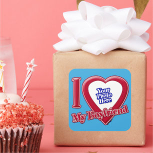 I Love My Boyfriend Photo Red Heart Teal Square Sticker