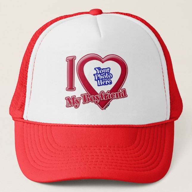 I Love My Boyfriend Photo Red Heart Trucker Hat (Front)