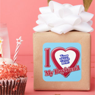I Love My Boyfriend Photo Red Heart Turquoise Square Sticker