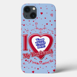 I Love My Boyfriend Photo Red Hearts Baby Blue iPhone 13 Case