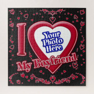 I Love My Boyfriend Photo Red Hearts Black Jigsaw Puzzle