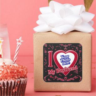 I Love My Boyfriend Photo Red Hearts Black Square Sticker