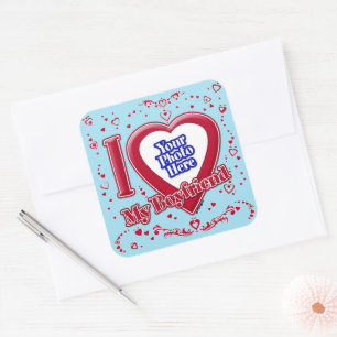 I Love My Boyfriend Photo Red Hearts Blue Horizon Square Sticker