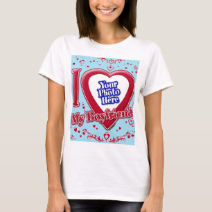 I Love My Boyfriend Photo Red Hearts Blue Horizon  T-Shirt
