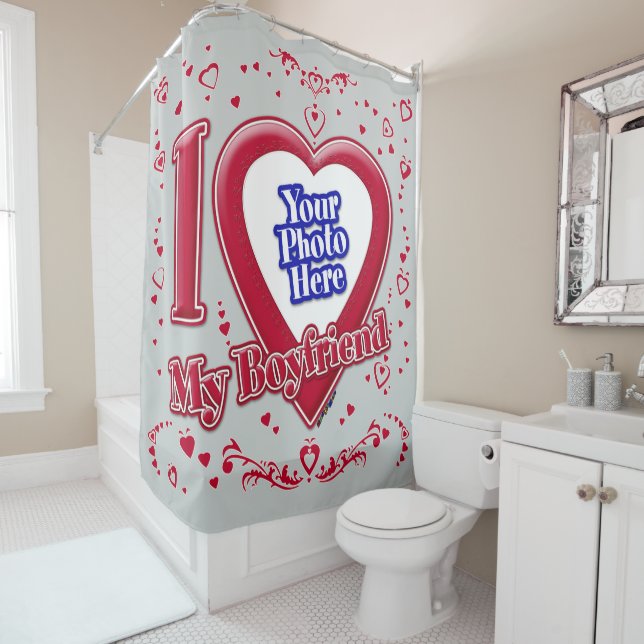 I Love My Boyfriend Photo Red Hearts Grey Shower Curtain (In Situ)