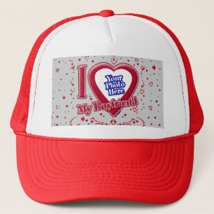 I Love My Boyfriend Photo Red Hearts Grey Trucker Hat