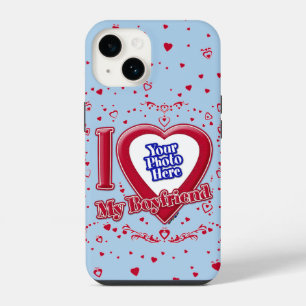 I Love My Boyfriend Photo Red Hearts Light Blue iPhone 14 Case