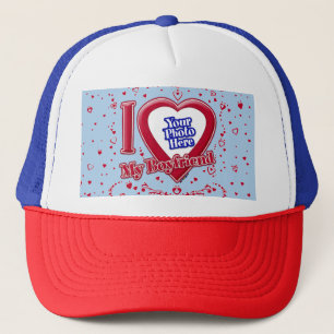 I Love My Boyfriend Photo Red Hearts Light Blue Trucker Hat