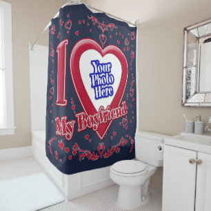 I Love My Boyfriend Photo Red Hearts Navy Shower Curtain