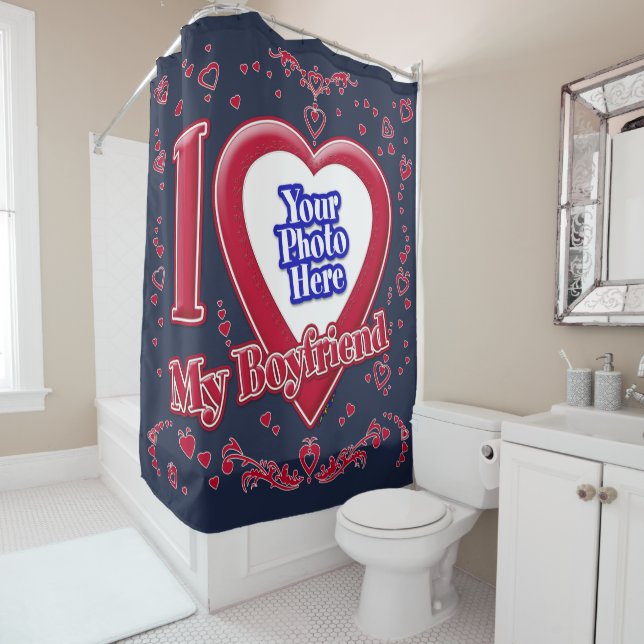 I Love My Boyfriend Photo Red Hearts Navy Shower Curtain (In Situ)