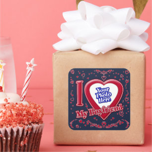 I Love My Boyfriend Photo Red Hearts Navy Square Sticker