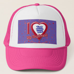 I Love My Boyfriend Photo Red Hearts Purple Trucker Hat