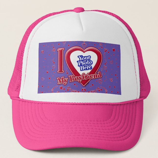 I Love My Boyfriend Photo Red Hearts Purple Trucker Hat (Front)