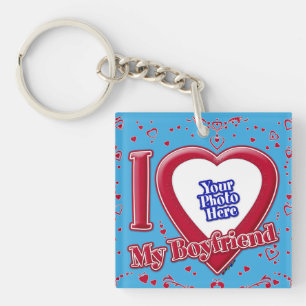I Love My Boyfriend Photo Red Hearts Teal Key Ring
