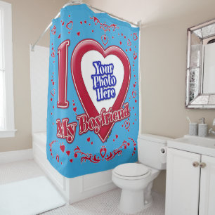 I Love My Boyfriend Photo Red Hearts Teal Shower Curtain