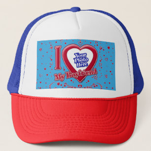 I Love My Boyfriend Photo Red Hearts Teal Trucker Hat