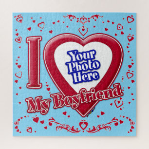 I Love My Boyfriend Photo Red Hearts Turquoise Jigsaw Puzzle