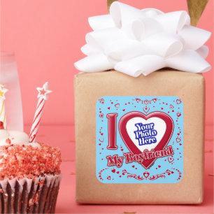 I Love My Boyfriend Photo Red Hearts Turquoise Square Sticker