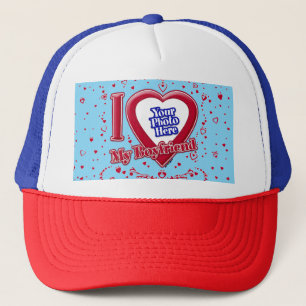 I Love My Boyfriend Photo Red Hearts Turquoise Trucker Hat