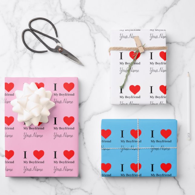 I love My Boyfriend & Red Heart Personalised  Wrapping Paper Sheet (Front)