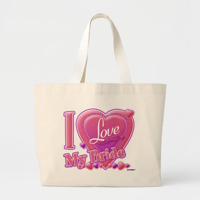 I Love My Bride pink/purple - heart Large Tote Bag (Front)