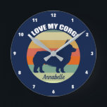 I Love My Corgi Cute Personalised Sunset Dog Round Clock<br><div class="desc">I Love My Corgi Retro Sunset. Cute custom Pembroke Welsh corgi owner gift with a beautiful corgis dog silhouette against a cool 70s background for a vintage look.</div>