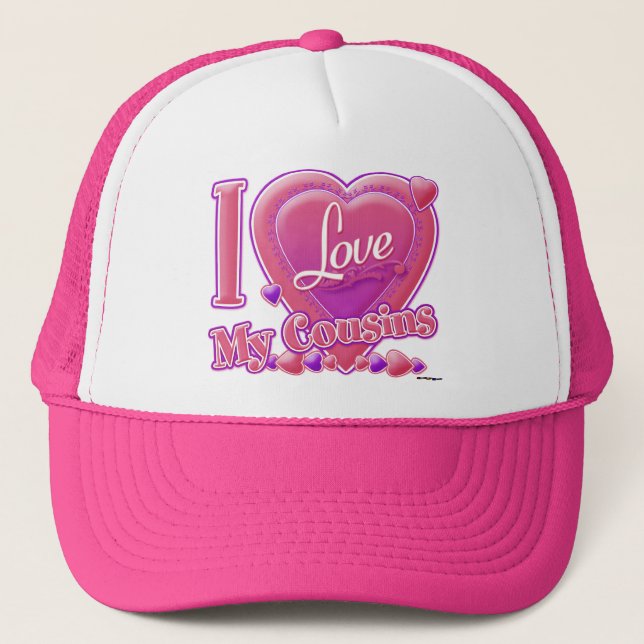 I Love My Cousins pink/purple - heart Trucker Hat (Front)
