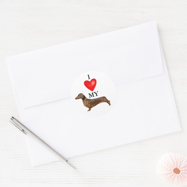 I Love My Dachshund Red Heart Classic Round Sticker (Envelope)