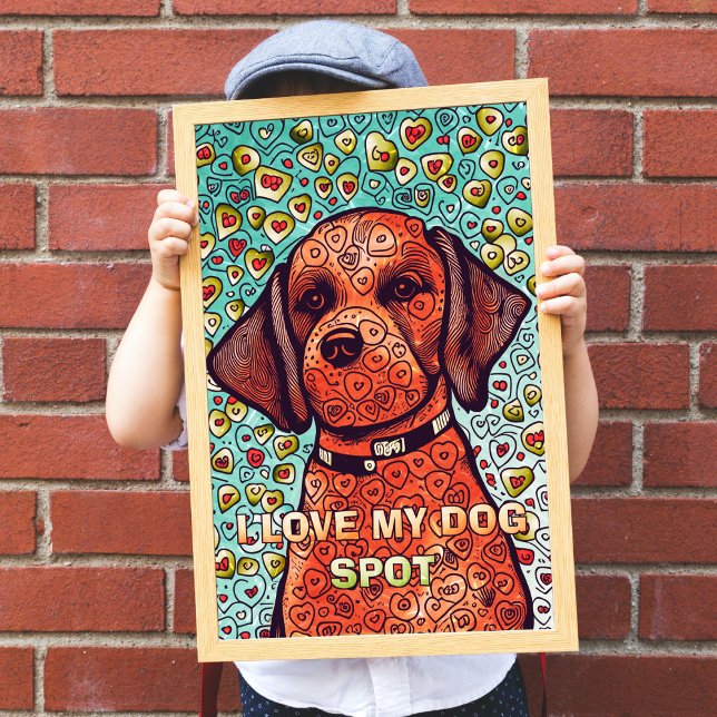 I Love My Dog Adult Colouring Poster (I Love My Dog Adult Coloring Poster being held up by a little boy covering his face. )
