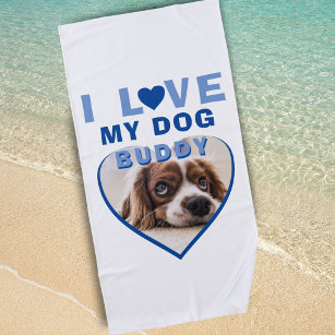 I love my Dog Blue Heart Pet Name Photo Beach Towel