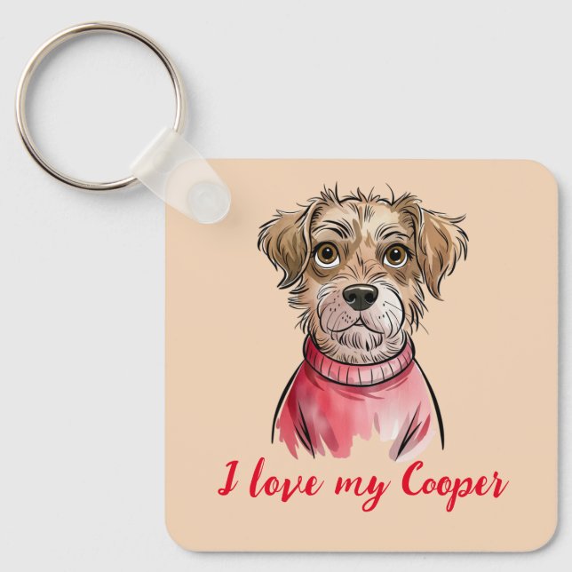 I Love my Dog Custom Name Watercolor Dog Keychain (Front)