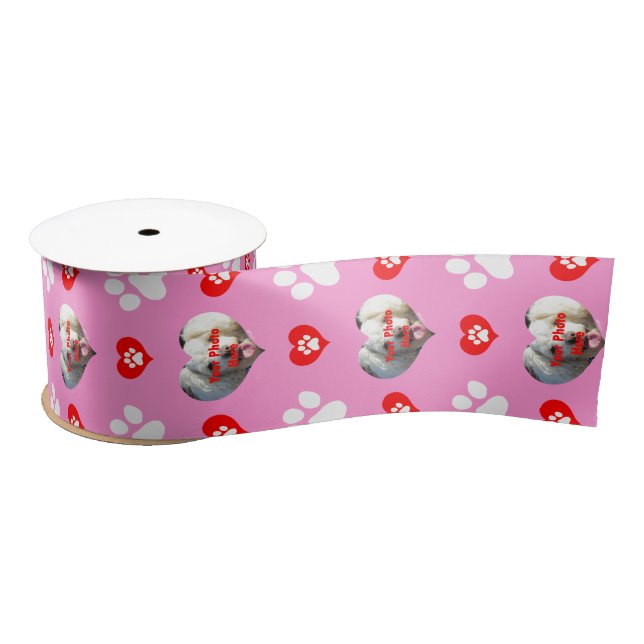 I Love My Dog Custom Photo Pattern Pink Satin Ribbon (Spool)