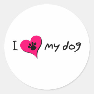 I Love My Dog Cute Paw Print on Heart Classic Round Sticker