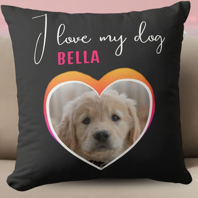 I love my Dog Heart Pet Photo Name Black  Cushion (Creator Uploaded)