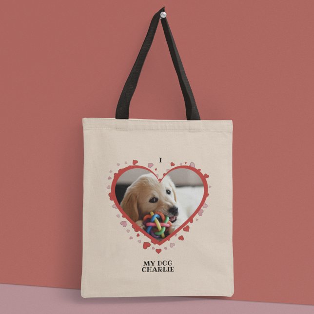 I Love My Dog Heart with Pet Photo and Name Tote Bag (Creator Uploaded)
