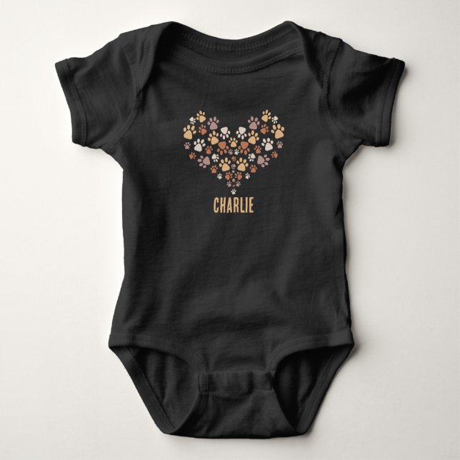 I Love My dog Paw Heart Personalised Cute Pet Name Baby Bodysuit (Front)