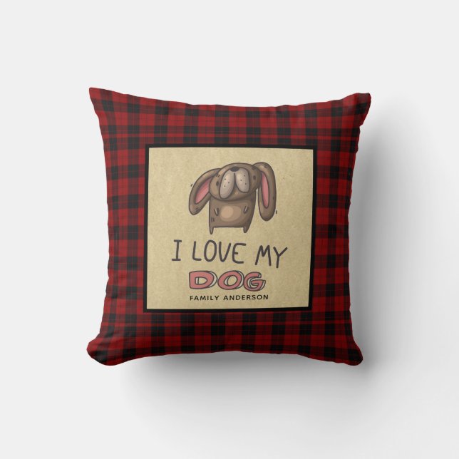 I LOVE MY DOG Personalised Cute Buffalo Plaid Cushion (Front)