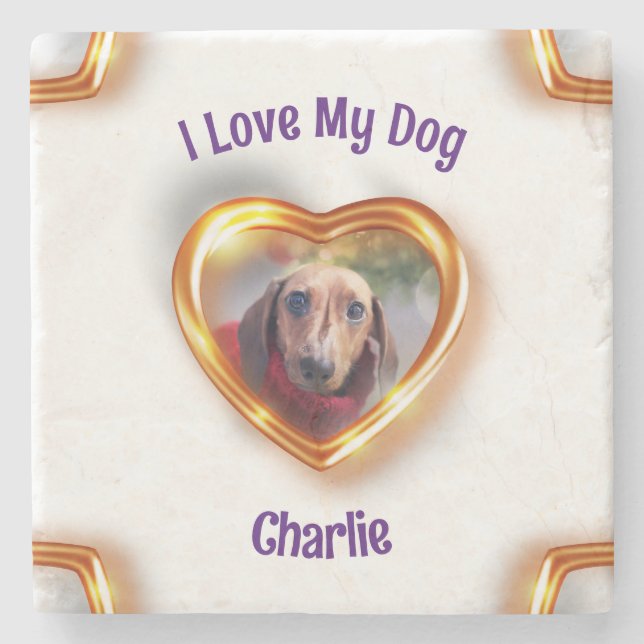 I Love My Dog Pet Glowing Heart Stone Coaster (Front)