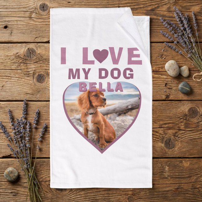 I love my Dog Pink Heart Pet Name Photo Bath Towel Set (Creator Uploaded)