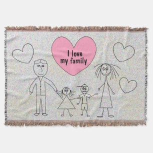 I love my family Cute Child Drawing Stick Family Throw Blanket