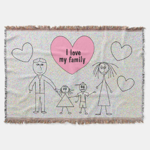 I love my family Cute Child Drawing Stick Family Throw Blanket