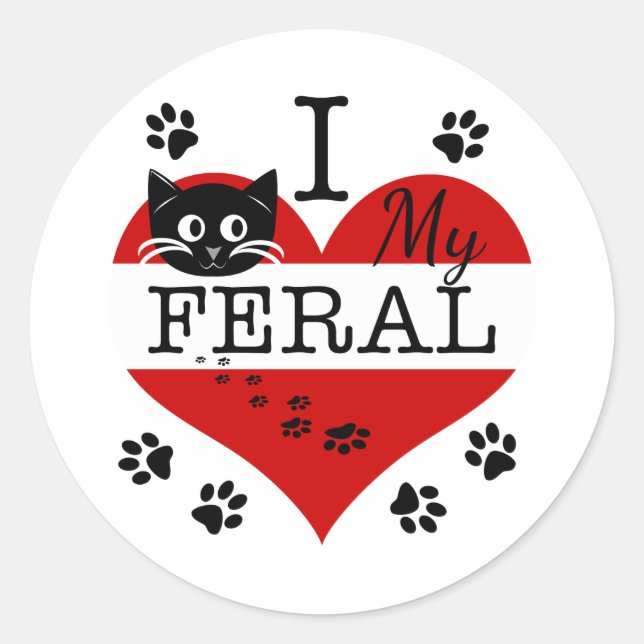 I Love My Feral Cat Heart Paw Prints Stickers (Front)
