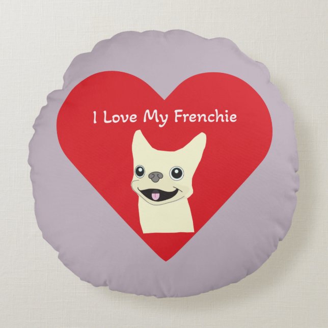 I love my Frenchie, Lavender Round Cushion (Front)