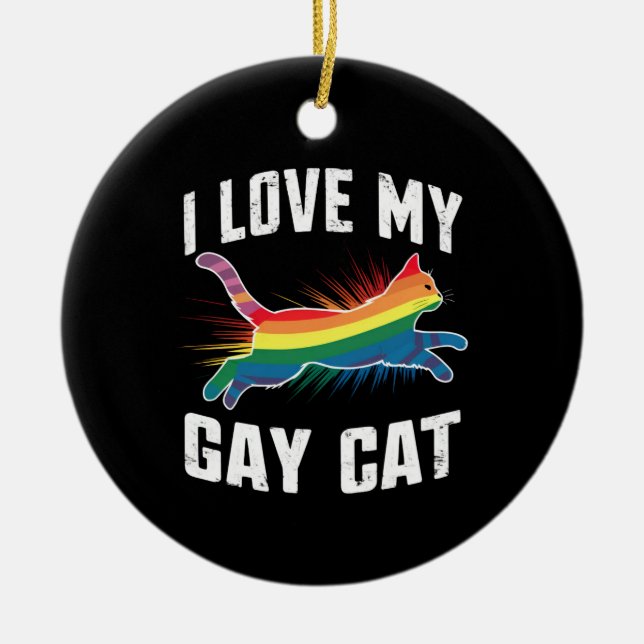 I Love My Gay Cat Funny Rainbow Pride Lgbt Ceramic Ornament (Front)